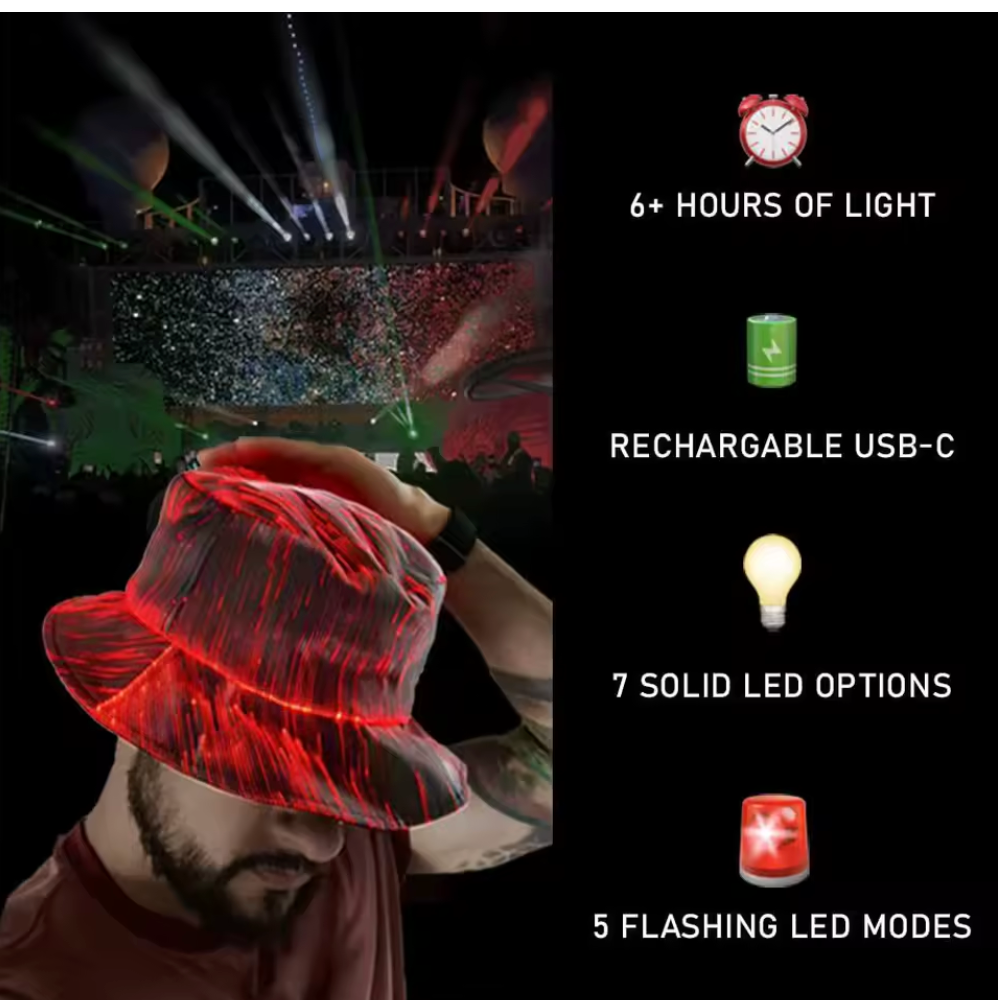 Glowing Fiber Optic LED Bucket Hat for Festivals & Raves